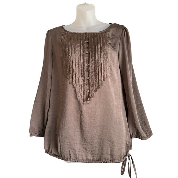 y2k GAP Women's Boho Grunge Blouse‎ Size S Pintuck-Detail Silky Brown Top Shirt - Picture 1 of 7